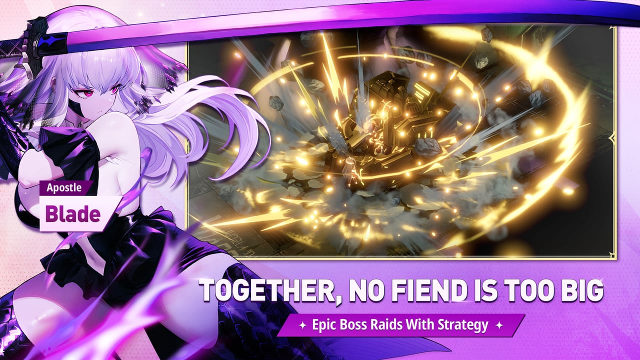 Official Brown Dust 2 screenshot of Apostle Blade beside a Fiend Hunter raid burst