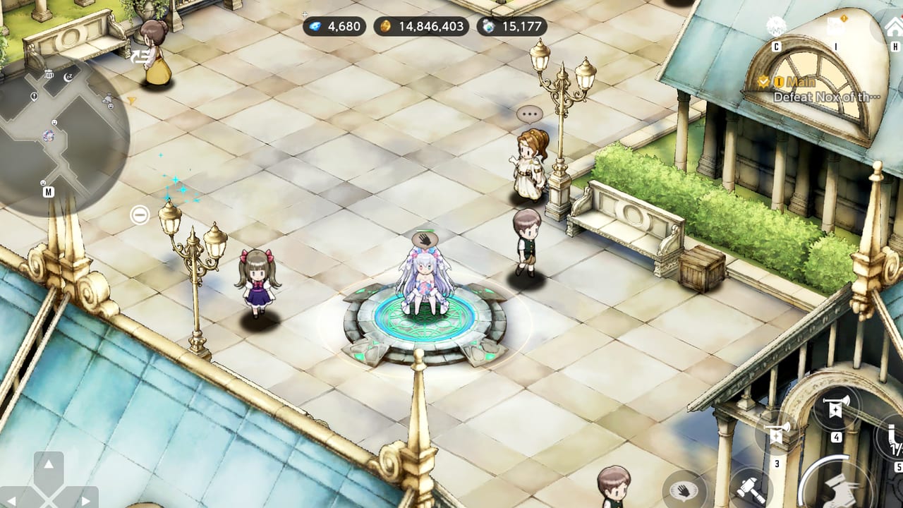 In-game Brown Dust 2 town square with mini-map, currency HUD, and a party on a magic circle
